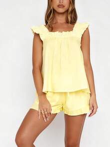 Women Summer Pajama Set Solid Flying Sleeve Tank Tops And Ruffle Shorts 2 Piece Casual Lounge Outfit - Màu vàng - Xem 3