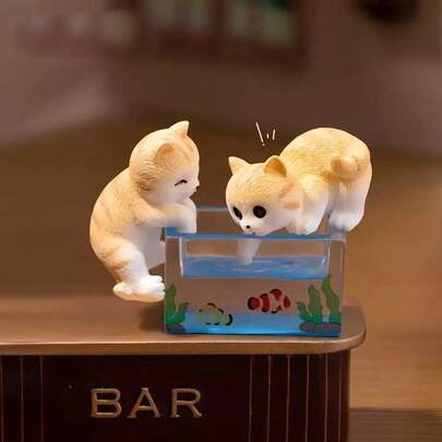 3pcs - 1set Mini Cute Cat And Fish Tank Ornaments, Mini Resin Desktop Decoration Ornaments, Creative Micro - Landscape Decoration Small Statue Ornaments