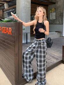 修身灰蓝格子休闲裤百搭拼接腰带抽绳阔腿宽松直筒裤