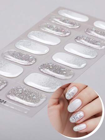 Beauty Sticker 16 st vita halvhärdade gelnagelremsor, vinternagelglitter UV-nagelklistermärken, salongskvalitet, lätta att applicera och ta bort, lämpliga för kvinnors dagliga hem DIY nagelkonstmaterial