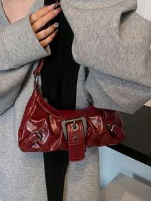 1pc Women's Vintage Milady Distressed Soft Leather Motorcycle Bag With Rivets, Needle Buckle, Pleats, Cloud Shaped, Shoulder Crossbody And Clutch Bag For Work, Commuting, Dating, Parties, Crescent Moon Bag For Women, Fashionable Burgundy Bag, Retro Inspired Bag For Women, Vintage Bag For Women, Halloween Purse Perfect For Fancy Party Halloween Fashion & Gothic Fashion - Màu Đỏ Sâu - Xem 3