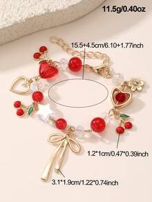 1 pieza Pulsera de niña con cuentas de cereza, fresa, corazón, estrella y lazo, adecuada para decoración diaria - Rojo - Ver 6