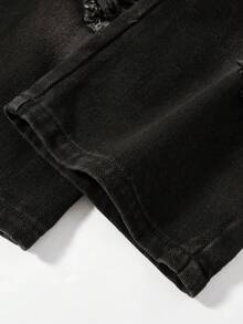 1pc Girls Fashion Casual Black Ripped Straight Leg Vintage Versatile Denim Jeans - Black - View 5