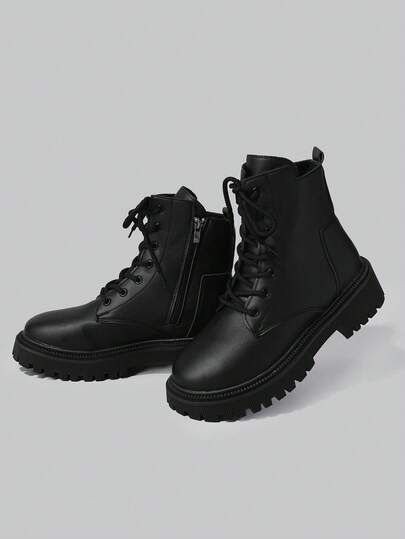 DareSee 2025 Winter New Women's Shoes, Warm Winter Women's Boots, Fashion Versatile Casual Women's Shoes, Leather Ankle Boots, Black & White Short Boots With Laces & Side Zipper, Flat Women's Boots, Women's Ankle Boots And Short Boots, Fashionable Women's Boots Gifts