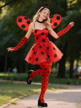 2 PIEZAS Conjunto de disfraz de mariquita - Decoración de fiesta de maquillaje de mariquita linda, medias a lunares rojas y negras + guantes de dedo abierto, adecuado para Navidad, Carnaval, reuniones familiares de Año Nuevo para disfrazarse