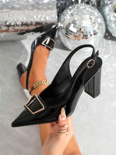 Elegant Pointed Toe High Heels, Metallic Buckle Decor, Vibrant Colors, Sexy & Graceful, Suitable For Weddings, Galas, Parties And Daily Wear, Fashionable Open Back High Heel Sandals, Black High Heels, Red High Heels, Wedding & Formal Event High Heels,Chunky Heels
