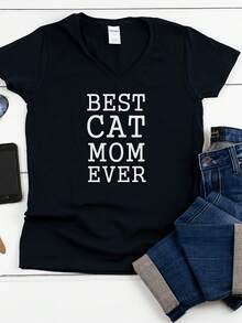 Best Cat Mom Ever Shirt, Wos V-Neck Tee, Funny Cat Shirt, Cute Kitty Shirt, Cat Lover Gift, Black Cotton T Shirt, Cat Mom Top - 款式1 - 查看 1
