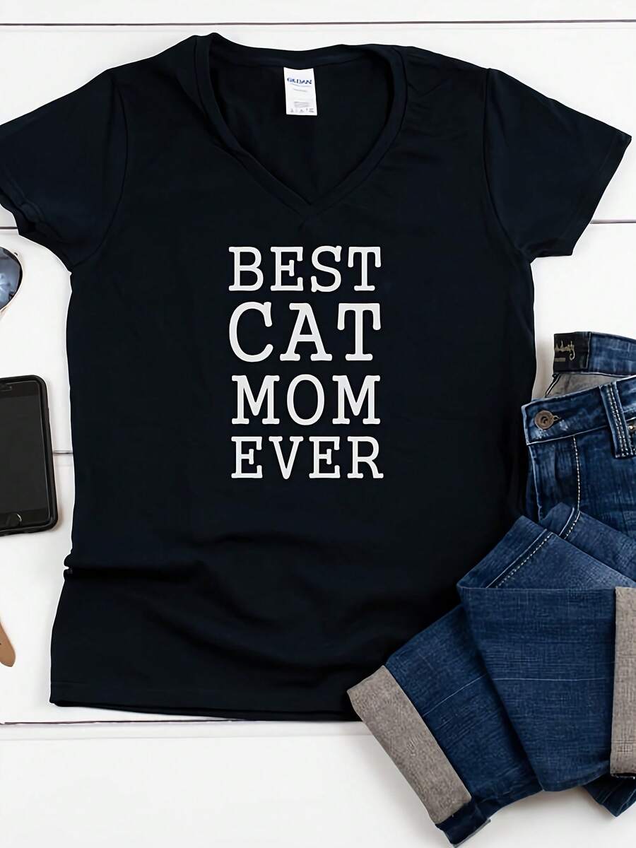 Best Cat Mom Ever Shirt, Wos V-Neck Tee, Funny Cat Shirt, Cute Kitty Shirt, Cat Lover Gift, Black Cotton T Shirt, Cat Mom Top - 款式1 - 查看 1
