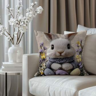 1pc Easter Bunny Gentleman Plush Pillow Cover, Decorative Throw Pillow Case For Living Room Bedroom Sofa Home Farmhouse Decor Party, No Insert, 17.7" X 17.7"