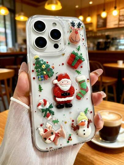 1pc Transparent 3D Festive Christmas Santa Claus Gift Interesting Christmas Phone Case Suitable For IPhone 17/17 Pro/16, 15/14/13/12/11, Christmas Stocking 17 Pro Max/16 Pro Max/15 Pro Max/14 Pro Max/13 Pro Max, Cute Reindeer Christmas Tree Suitable For Christmas Gifts 2025 New