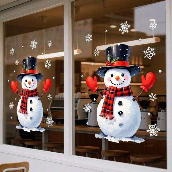 1 pieza 45cm*60cm Pegatina estática navideña para ventana, con muñeco de nieve, copos de nieve blancos, gorro de Papá Noel y otros elementos navideños, adecuada para ventanas del hogar, decoración de fiesta festiva