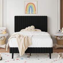 Twin Bed Frame, Velvet Upholstered Platform Bed With Vertical Channel Tufted Headboard And Footboard, Pink/ White/ Green/ Black/ Blue, Full Bed Frame/ Queen Bed Frame/ King Bed Frame ﻿ - 黑色 - 查看 14
