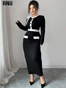 RNU 大码女式黑白撞色面料连衣裙，适合约会、派对、通勤、工作，纽扣装饰，蝴蝶结装饰设计，收腰，圆领，口袋翻盖装饰，优雅的约会夜礼服，通勤设计，高端开衩长裙 - 黑與白 - 查看 6