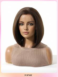 [Velvet Locks]New 13*4 Glueless Front Lace Wig 12 Inch Black Brown Short Straight Hair Wig Fashion Women No Bangs Pre-Trimmed Heat Resistant Synthetic Hair Soft And Smooth Suitable For Beginners Daily Wear, Y2K Style, Party, Cosplay, Dance, Travel, Festival - 咖啡棕 - 查看 3