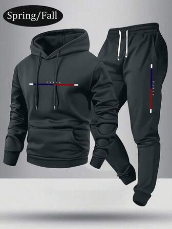 Conjunto de sudadera con capucha y pantalones deportivos con estampado de letras de París para hombres, ropa deportiva casual de moda con bolsillos y cintura con cordón, adecuado como regalo para esposo o novio, primavera/otoño