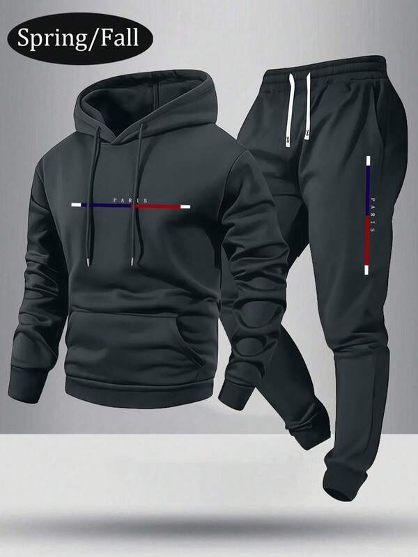 Men's Thin Paris Letter Print Hoodie And Sweatpants Set, Fashion Casual Outfit With Pockets And Drawstring Waist Pants, Suitable As Gift For Husband Or Boyfriend, Spring/Autumn