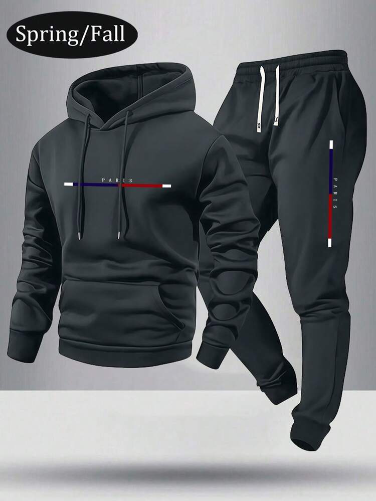 Conjunto de Moletom e Calça de Moletom com Estampa da Letra de Paris para Homens, Conjunto de Roupa Casual com Bolsos e Cintura com Cordão, Adequado como Presente para Marido ou Namorado, /Outono - Chumbo - Visão 1