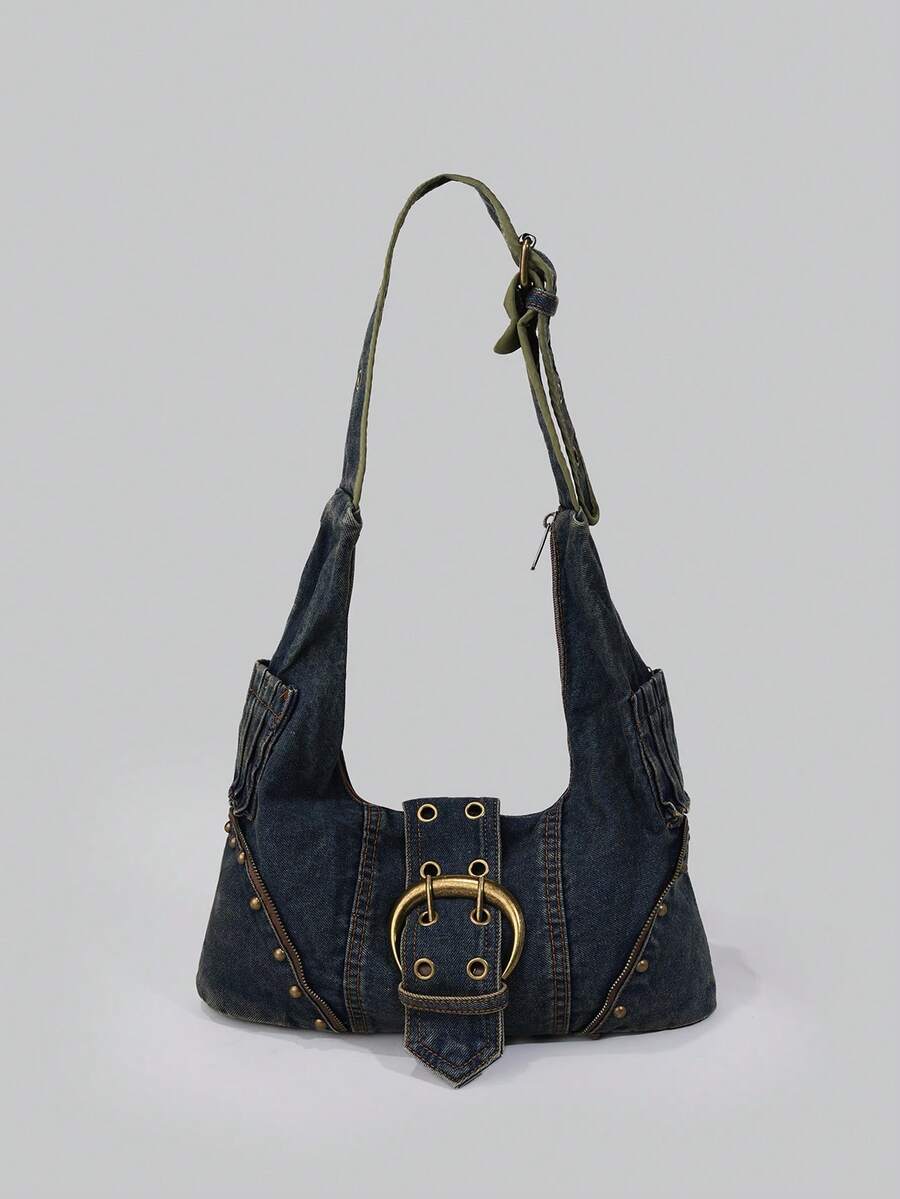 DareSee 1 opakowanie, modna damska torba w stylu punkowym Y2K, ciężka, z ćwiekami w stylu Hot Girl, z regulowanym paskiem na ramię, odpowiednia na zakupy, podróże, codzienne podróże itp., torebka świąteczna idealna na eleganckie przyjęcie, moda świąteczna i gotycka, najlepsze prezenty świąteczne dla kobiet - Niebieski - Zobacz 1