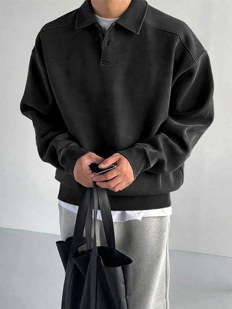 男士纯色 Polo 领麂皮宽松休闲长袖卫衣 - 时尚百搭的秋冬款式 - 黑色 - 查看 1