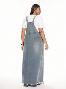 Solavibe Plus Size Denim Dresses Tombol Kantong Raw Hem Plain Casual - Biru - View 3