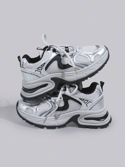 DareSee 2025春季新款韩版厚底透气学生运动鞋，休闲街头网面系带厚底四季百搭慢跑鞋，日常通勤黑白配色圣诞礼物