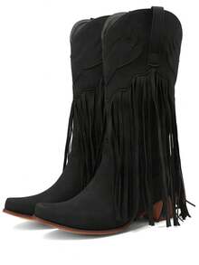 Women Cowboy Boots Mid Calf Fringe Boots Embroidered Western Cowgirl Boots Knee High Boots Pointed Toe Chunky Heel Pull On Tassel Boots For Wedding Party Winter Shoes - 黑色 - 查看 6