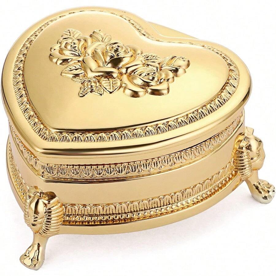 Hipiwe Vintage Metal Jewelry Box With Antique Flower Carved Small Heart Shape Trinket Organizer Box Earrings Rings Necklace Bracelet Storage Holder Keepsake Gift Box For Girl And Women - Gold - View 1