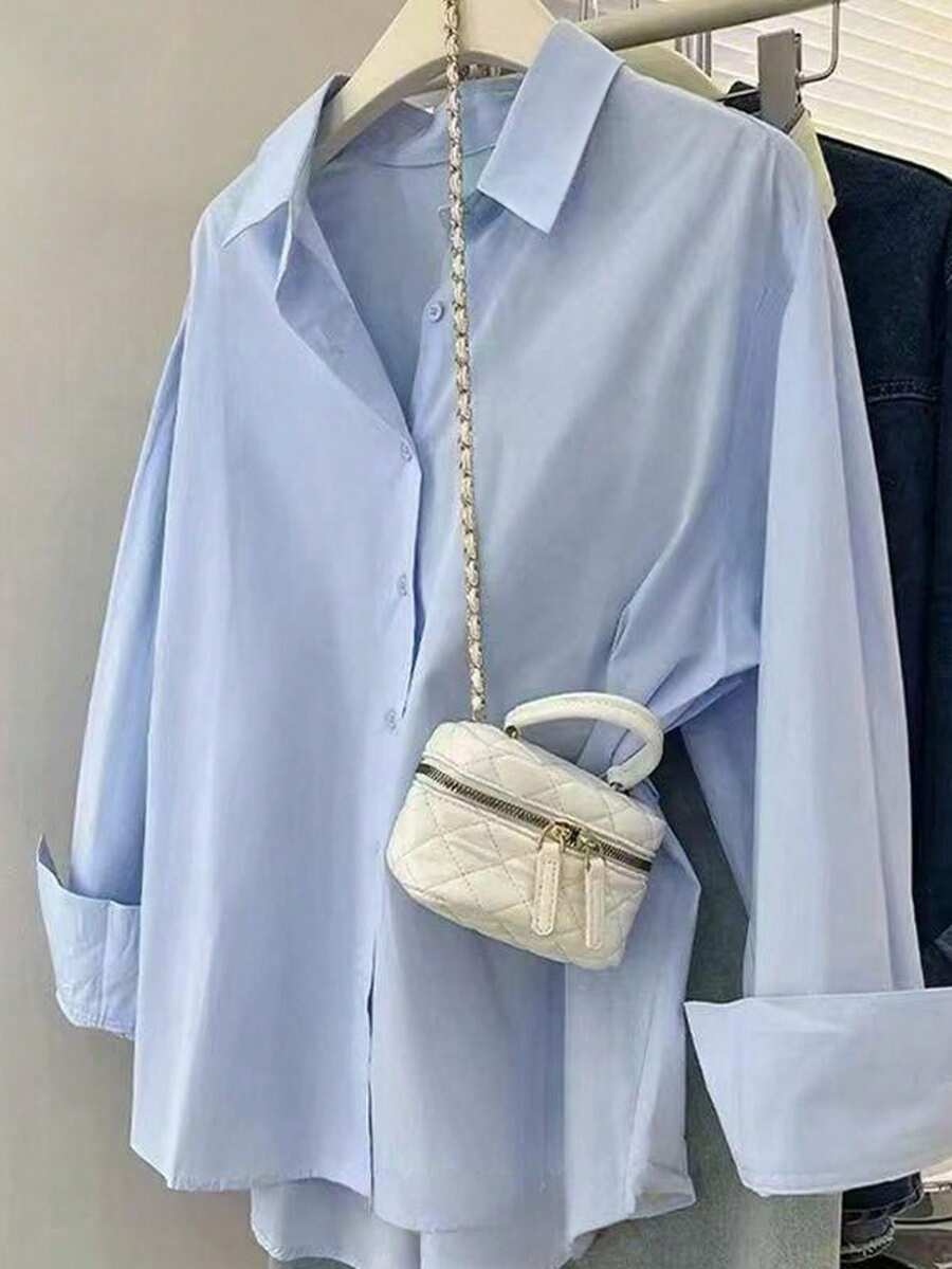 女士新款优雅休闲纽扣衬衫，V领长/短袖翻领办公/工作衬衫，带口袋，春季款 - 藍色 - 查看 1