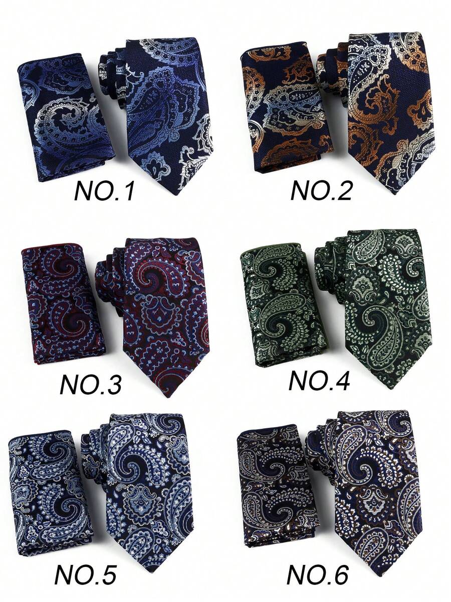 ZLQ&GOU 2pcs/Set 6 Styles Cashew Flower Men's Necktie Set, Including Necktie & Handkerchief, Blue Paisley Jacquard Men's Tie & Pocket Square, Suitable For Formal Wear