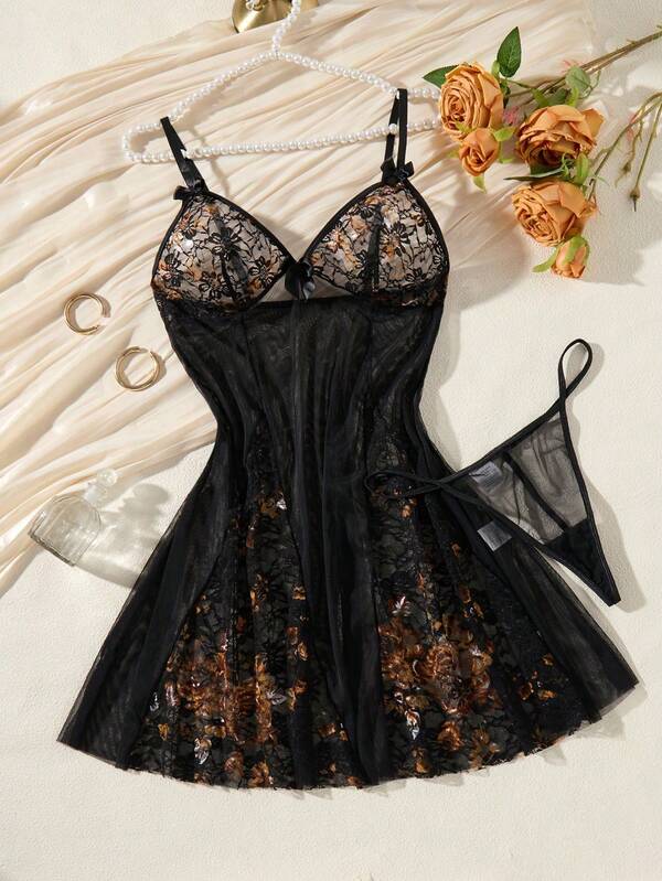 2PCS Women's Black Retro Palace Style And Enchanting Pajama Set, Lace Splicing Sexy Sleeping Skirt With Lace Flower And Bow Decoration Strap Underwear, Thin Comfortable Translucent Pajama Skirt, Christmas Surprise Party Gifts