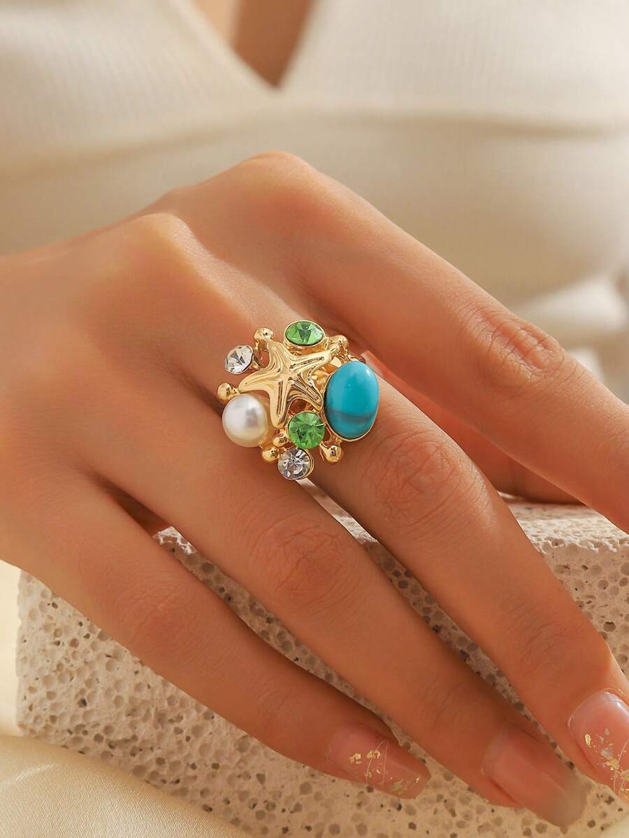 1枚时尚奢华水钻、珍珠和绿松石海星开口戒指，适合女士海滩/度假装扮 - WR1137藍色海星戒指 - 查看 1