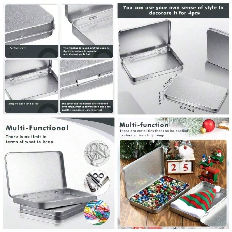 2 Pack Rectangular Metal Tin Box With Lid Metal Hinged Lid Tin Empty Box Container Storage Watercolor Jewelry Pen Eraser Pill Candy Organize. 0x 4.2x 0.6'' Sliver - Sliver + 4 - View 1