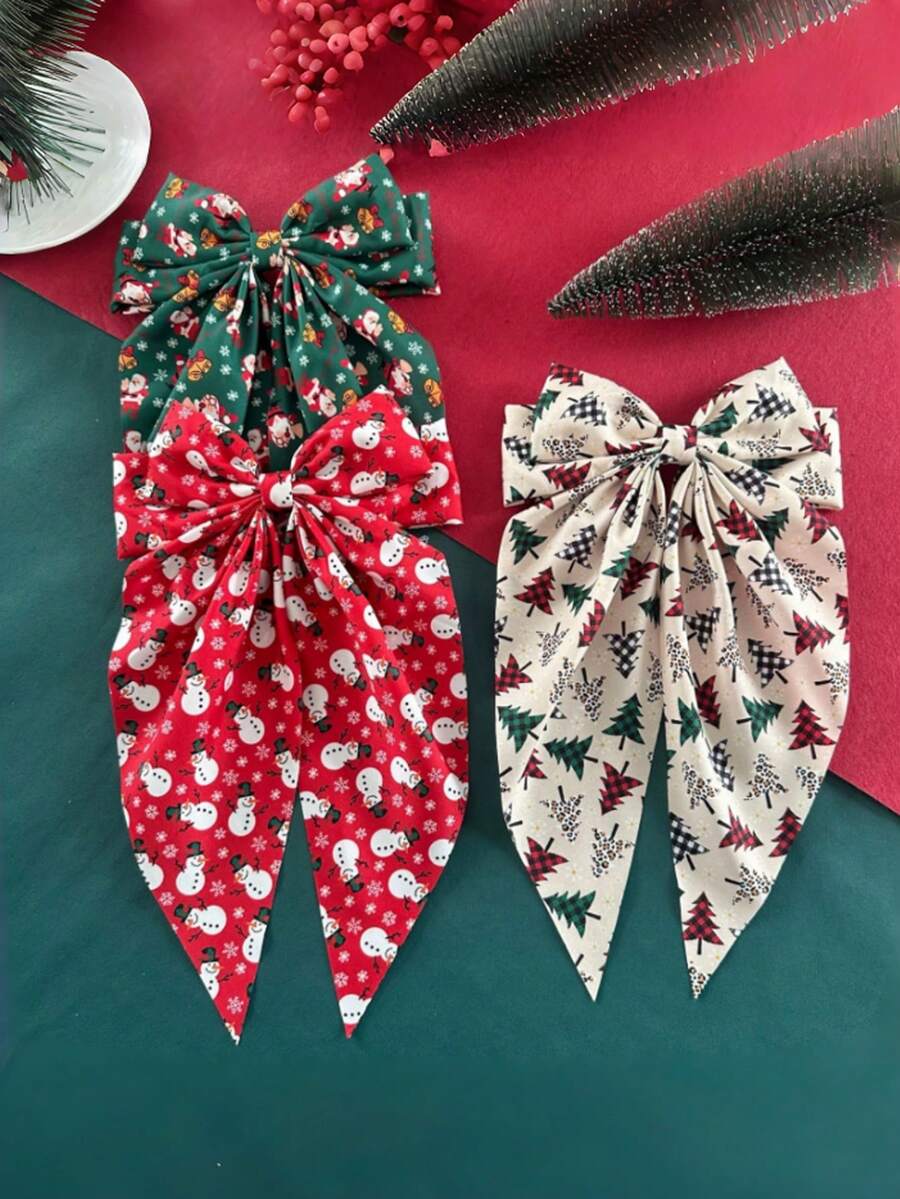 3件套新款圣诞树蝴蝶结发夹，圣诞老人雪人发饰，适合秋冬季发型装饰、圣诞节、节日派对、发爪、发夹、发卡 - 彩色 - 查看 1