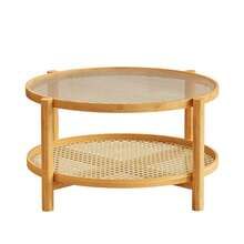 Rattan Coffee Table, 2-Tier Bamboo Coffee Table With Glass Top And PVC Rattan Storage Shelf, Modern Round Coffee Table For Living Room, Office, Natural - 1 - View 5