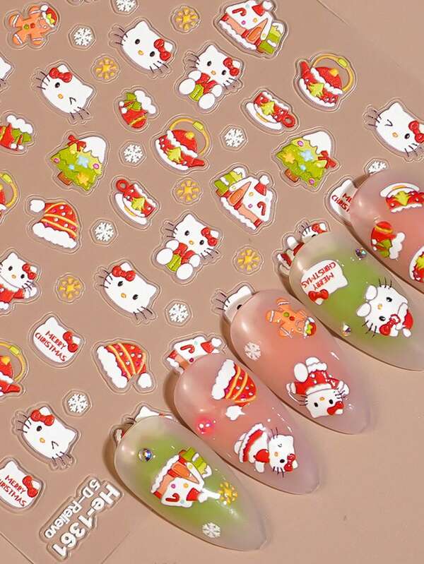 Sanrio Sanrio Genuine HelloKitty Christmas Nail Stickers 5D Relief Three-Dimensional Adhesive Design Waterproof And Oil Resistant Long-Lasting Fit Holiday Limited Cartoon Nail Stickers Party Dating Nail Accessories Exquisite Girls Christmas Gifts