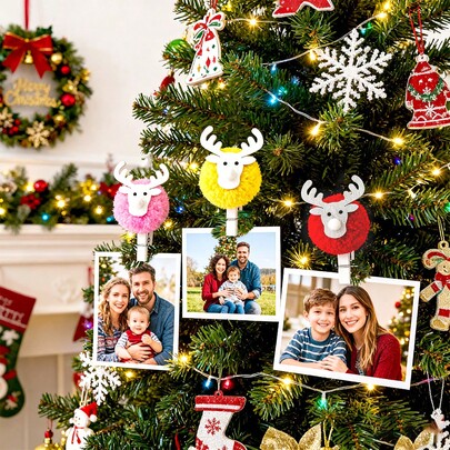 2pcs/Set Christmas Plush Reindeer Clips, Cartoon Fluffy Deer Wood Clips For Christmas Party Photo Album Decor