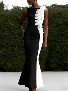 Vestido de fiesta elegante de mujer con decoración floral 3D de color contrastante