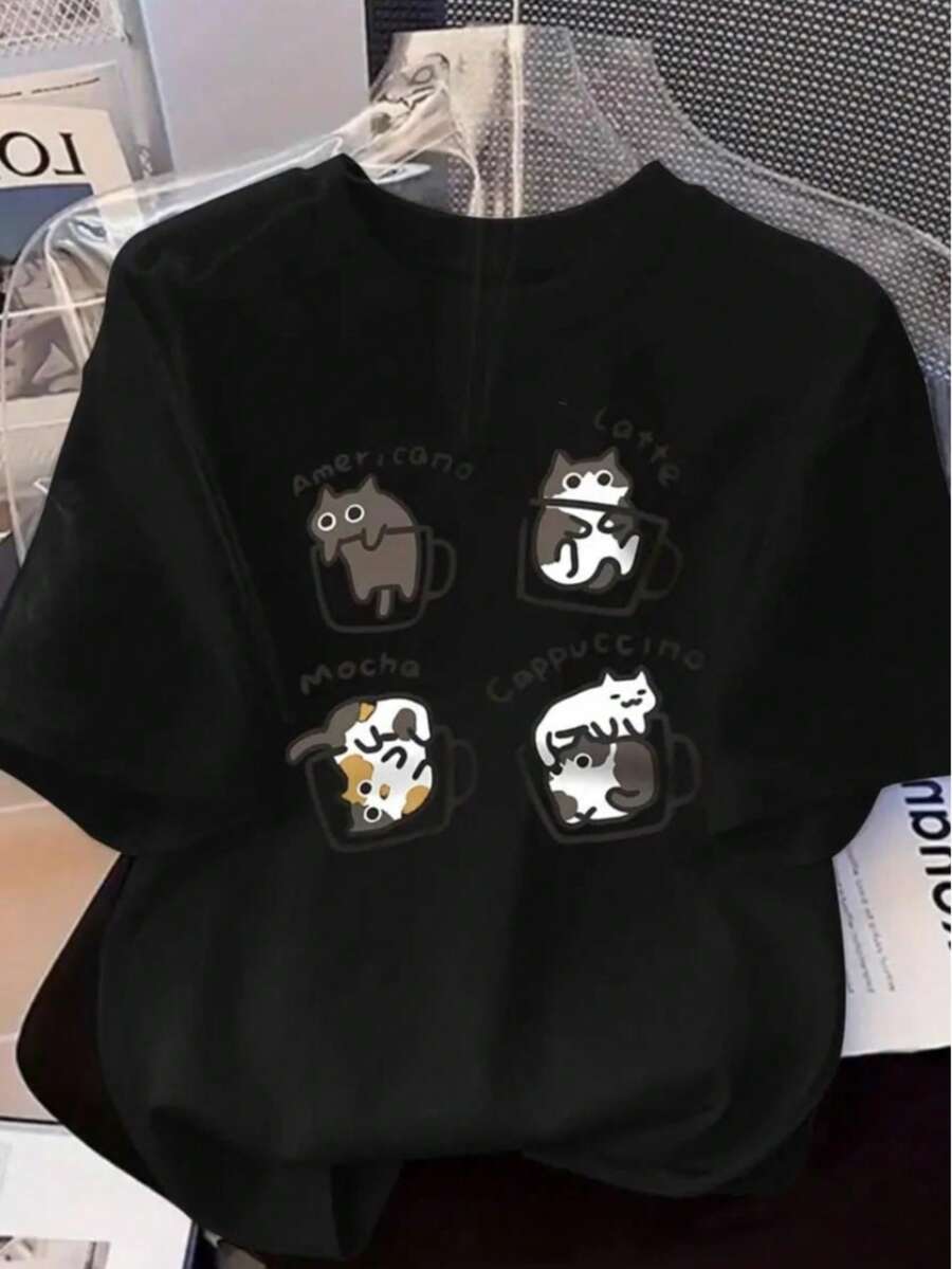 Women's Cute Printed Shirt Comfortable Model: Cat Cups Of Coffee 100% Cotton Comfort - màu đen - Xem 1