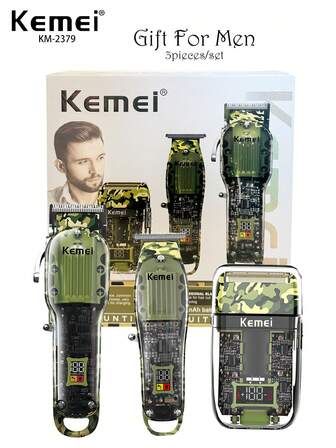 Kemei Saç Kesme ve Tıraş Makinesi Seti, 3 Parça Yeni Saç Kesme ve Tıraş Makinesi Seti Erkekler İçin Kamuflaj Tasarım USB Şarj Edilebilir Elektrikli Saç Kesme ve T-Blade Makinesi Sakal Düzeltici Folyo Tıraş Makinesi Günlük Ev Kullanımı Erkek Bakım Seti Erkekler İçin Doğum Günü Hediyesi KM-2379, Noel Hediyesi, Erkekler İçin Yeni Yıl Hediyesi