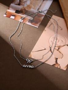 定制双层可爱简约蝴蝶结铭牌不锈钢项链，新款创意波西米亚蝴蝶结项链，非常适合生日派对、婚礼、周年纪念、毕业典礼、母亲节、情人节、日常佩戴 - 銀色 - 查看 4