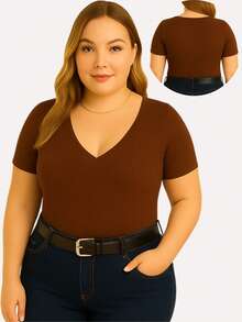 Kit With 3 Basic Women's Plus Size V-Neck Blouses - Black/chocolate/brown - View 2