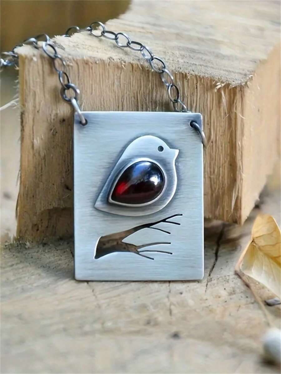 1 pieza Collar colgante rectangular con diseño de pájaro vintage y gemas falsas incrustadas, adecuado para uso casual, vacaciones, fiestas, como regalo de joyería personalizada para mujeres