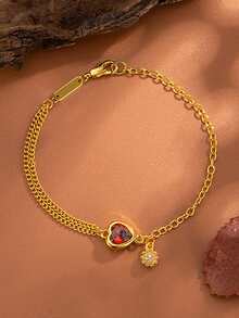 1件不锈钢红色心形手链，全新奢华精致设计，百搭配饰 - 金黃色 - 查看 1