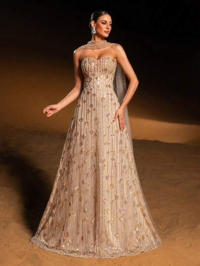 Luxury Ivory Beaded Strapless Gown - Sequined Embroidery With Sheer Cape & Open Back For Red Carpet Events, Galas And Evening Parties