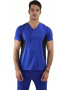 SOULMATE Men's Medical Scrub Top With Side Color Highlight - Blue - View 10