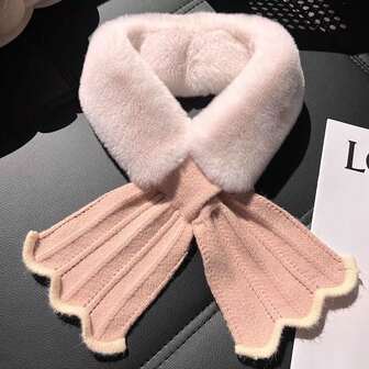 1 st fluffig halsvärmare för kvinnor, förtjockad stickad halsduk i fuskkaninpäls, koreansk stil, höst/vinter