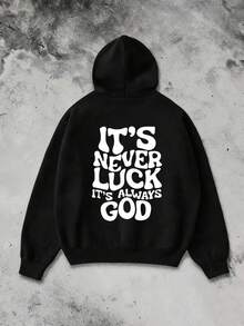 Plus Size Men's Fashionable Slogan English Graphic Casual Drawstring Pocket Hoodie Sweatshirt, Versatile For Daily, Streetwear, Outdoor Wear, Long Sleeve Top - 黑色 - 查看 2