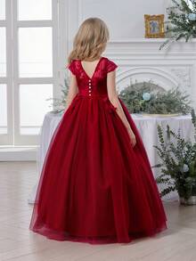 酒红色蝴蝶结刺绣薄纱优雅派对圣诞礼服,公主裙,适合女孩生日派对、宴会、晚宴、花童、伴娘、婚礼、感恩节、毕业典礼等场合。 - 酒紅色 - 查看 6