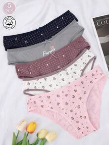 5 Pieces Of Women's Cotton Sexy Romantic Lace Edge Printed Underwear Set