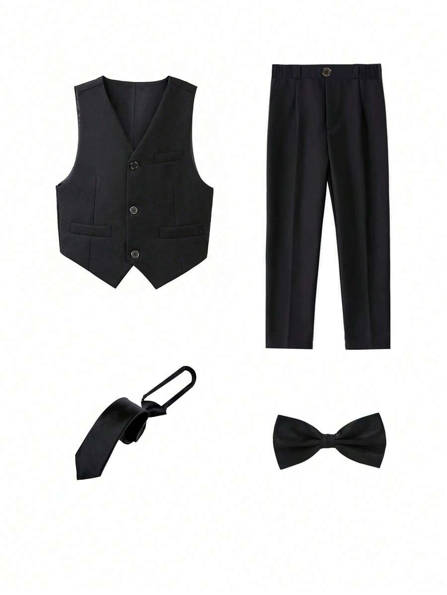 4pcs Tween Boy Formal Suit Set, Including Vest, Pants, Tie And Bow Tie - Black - View 1